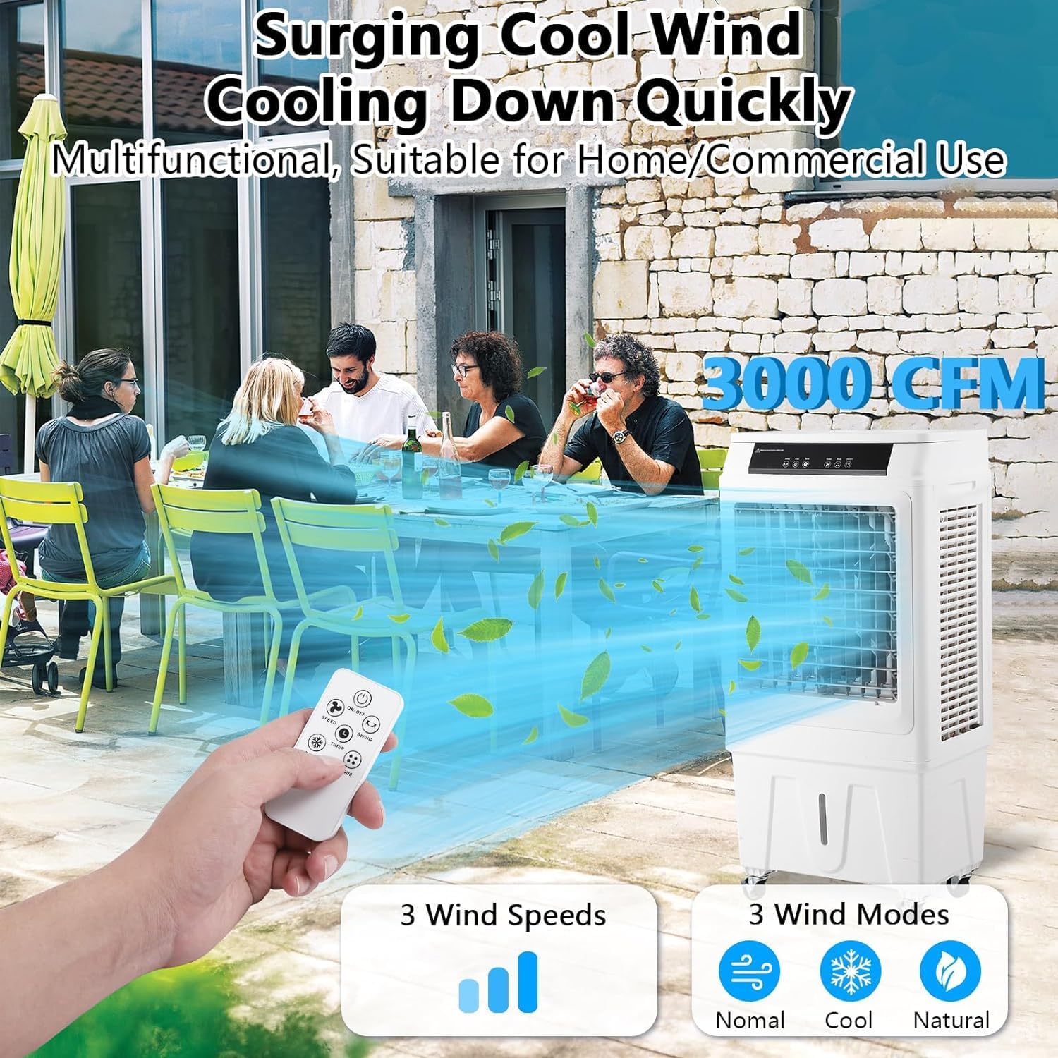 Evaporative Air Cooler, 3000 CFM Swamp Cooler with Remote Control, 10.3 Gallon Large Water Tank, 3 Speed Cooling Fan, 4 Ice Packs, Portable Air Conditioner for Room Garage Commercial