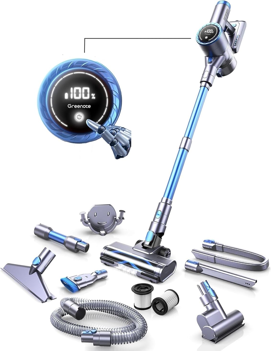 Greenote GSC60 Cordless Vacuum Cleaner 33KPA, 10-in-1 Multi-Accessory Vacuum Cleaner, Up to 40 Minutes Runtime, Control Display, with Bed Brush, Flexible Extension Hose, Large Dust Container