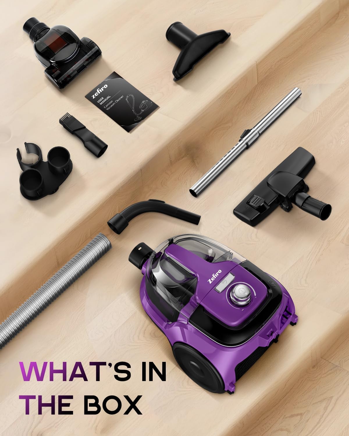 Zefiro Canister Vacuum Cleaner, Bagless Canister Vacuum for Home, Powerful Suction, Auto Cord Rewind, HEPA Filter, Corded Vacuum for Hard Floors, Carpet, Pet Hair, Apartment/Rental Friendly(Purple)