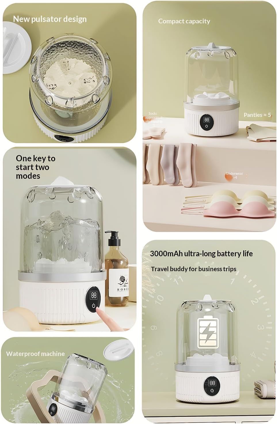 Mini Lavadora, Portable Mini Washing Machine, 3000mAh Rechargeable Wireless, Portable Small Wireless Washing Machine for Home Use, for Underwear, Small Loads, Baby Clothes (White)