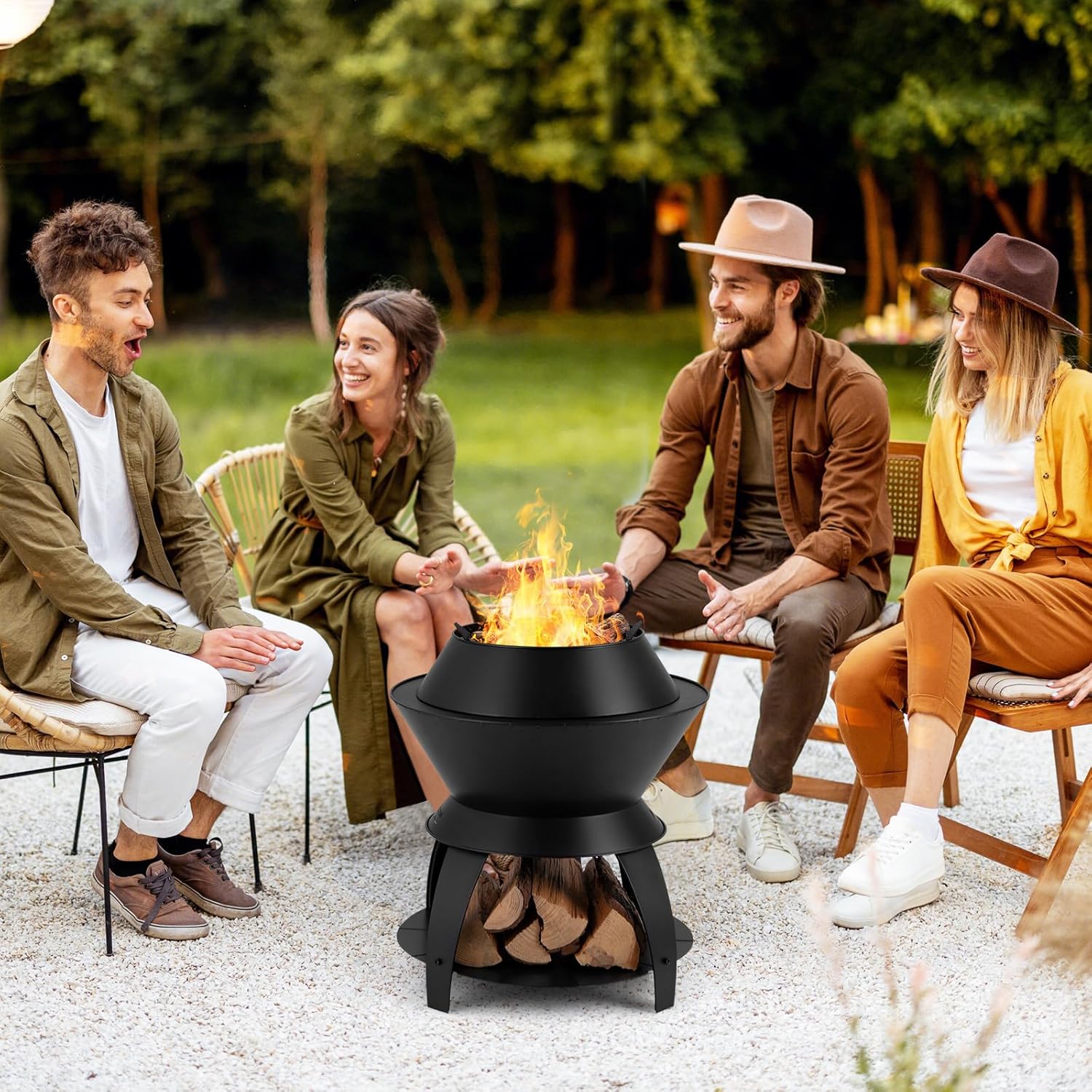 Tangkula Outdoor Fire Pit, 20 Inch Metal Fire Bowl with Pot Holder & Storage Shelf, Oxygen-Enriched Burning, 3-in-1 Wood Buring Firepit Fireplace for Patio, Camping, BBQ, Backyard