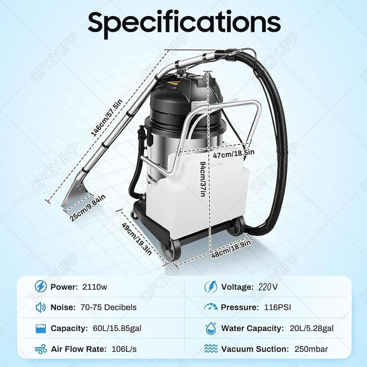60l commercial carpet cleaning machine, upholstery cleaner machine, 3-in-1 multi-purpose vacuum cleaner with wheels, 2110w 250mbar powerful extraction, can clean floors, sofa, curtains, etc.
