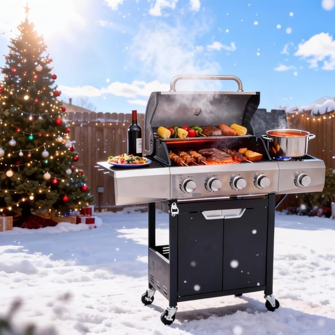 4 Burner Propane Gas Grill with Side Burner 51,000 BTU Tot Output 452 Sq.in Large Cooking Space Stainless Steel BBQ Grill for Backyard BBQ, Outdoor Camping, Family Gatherings, and Holiday PartiesP