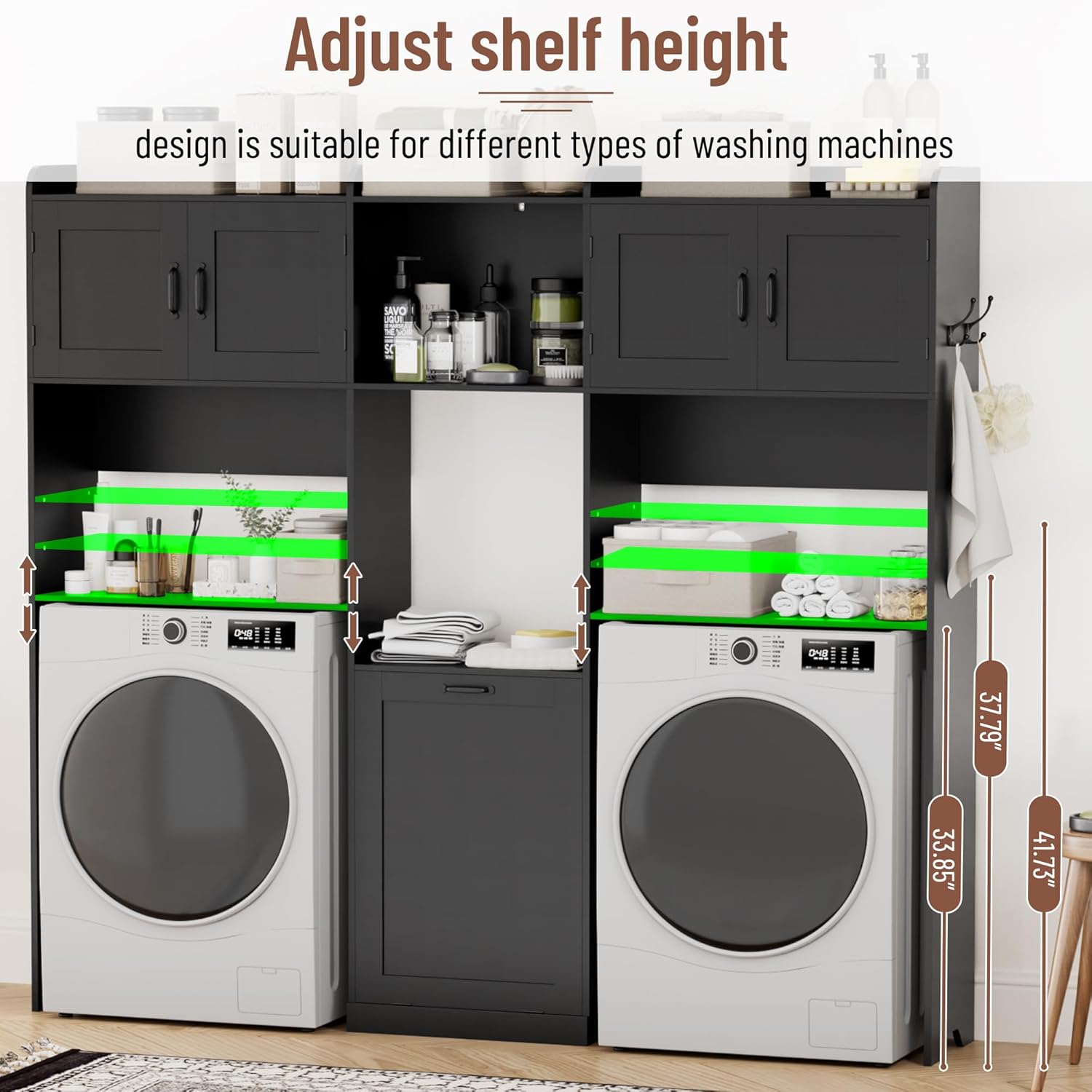 Over The Washer and Dryer Storage Cabinet, Laundry Room Organizer Standing Shelf with Tilt-Out Laundry Hamper Cabinet and Hooks, Space Saving Laundry Room Cabinets