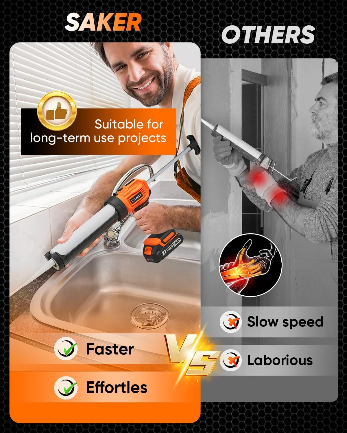 Saker Handheld Car Vacuum Cordless 17000PA Black Electric Caulking Gun Cordless with 4 Speeds & LED Light, 10oz Drip-Free Applicator Bundle for Home, Car & DIY Projects