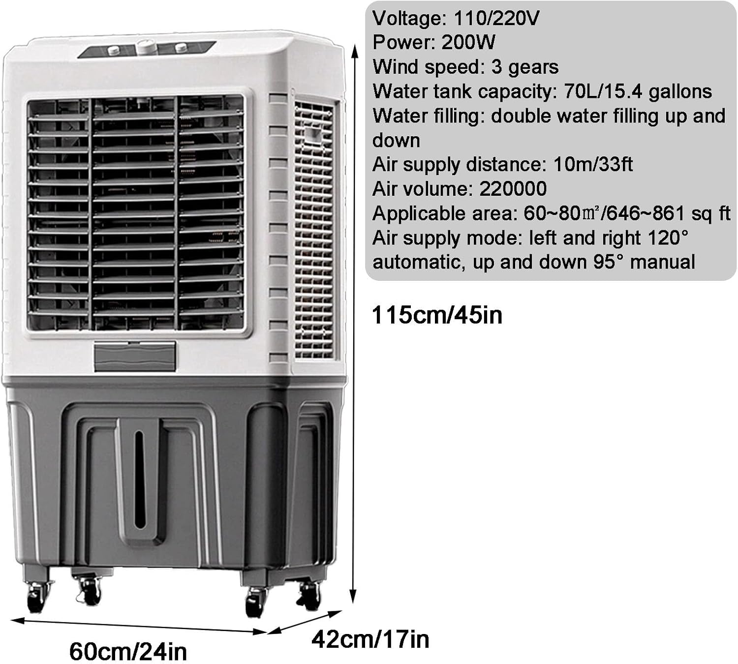 Knob Evaporative Air Cooler, Swamp Cooler Air Conditioner, Portable Ac with 2 Modes, 3 Wind Speeds, 15.4 Gal Tank for Room Garage Patio