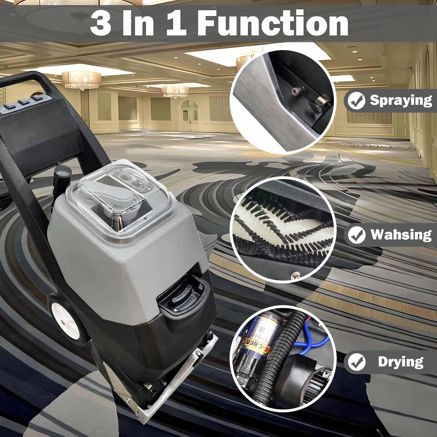 TECHTONGDA Electric Floor Scrubber Dryer Machine 3 in 1 Carpet Extractor Wet Dry Vacuum Cleaner Commercial Carpet Cleaning Machine for Sofa Curtain Floor 70L Tank 110V