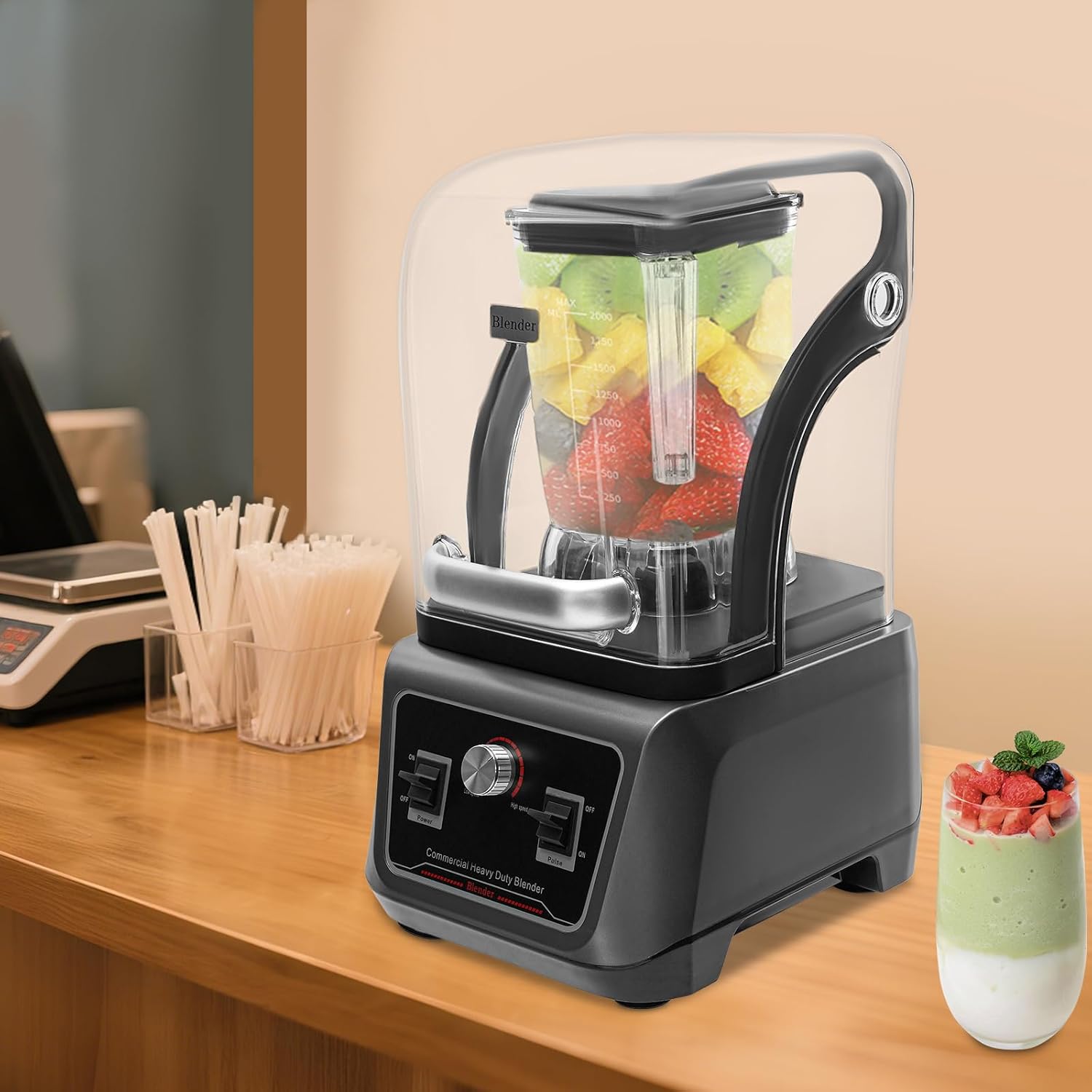 Commercial Blender, 23000/RPM 2200W Multifunctional Adjustable Speed Blenders Stainless Steel Blenders Large Capacity Blending Machine w/Soundproof Shield for Homes Restaurants Cafes