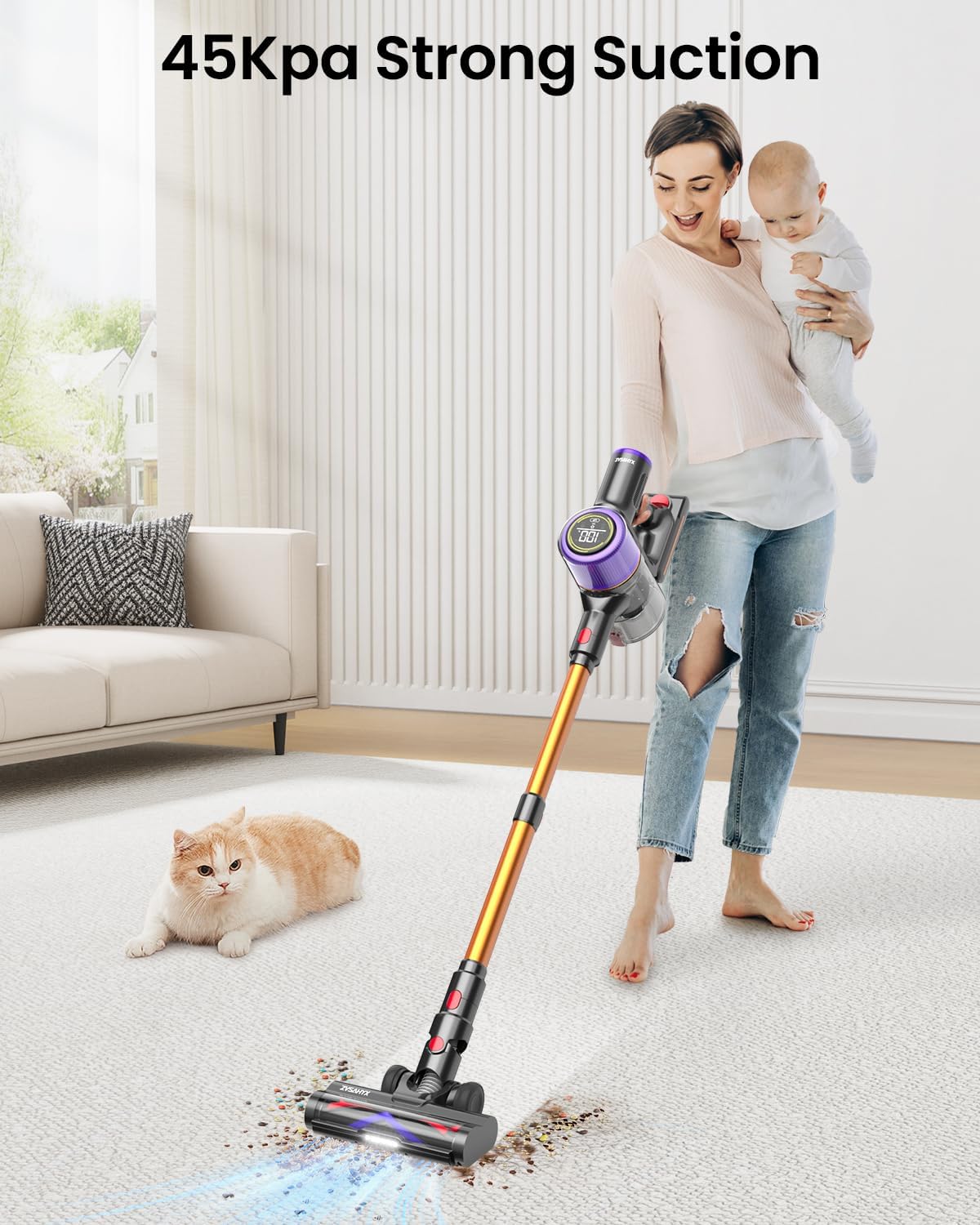Cordless Vacuum Cleaner, Vacuum Cleaners for Home, Vacuum with LED Display, Anti-Tangle Roller Brush, Lightweight Vacuum Cordless for Pet Hair/Carpets/Hard Floors
