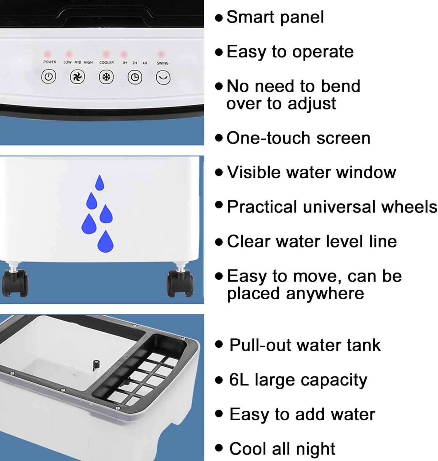 Portable Air Conditioners, Swamp Cooler with 6 L/1.59 Gal Water Tank, 7H Timer, Auto Oscillating, 2 Ice Packs, Portable Cooling Fan for Office Room Kitchen
