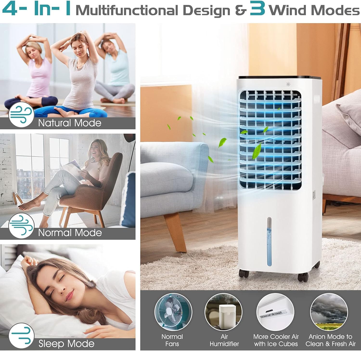 COSTWAY Evaporative Cooler, Include Remote Control, 4 Ice Packs, Bladeless Fan with 4 Wind Modes, 3 Speeds, 7.5H Timer, 12L Water Tank, LED Display, Portable Air Cooler for Indoor Use, Bedroom, White