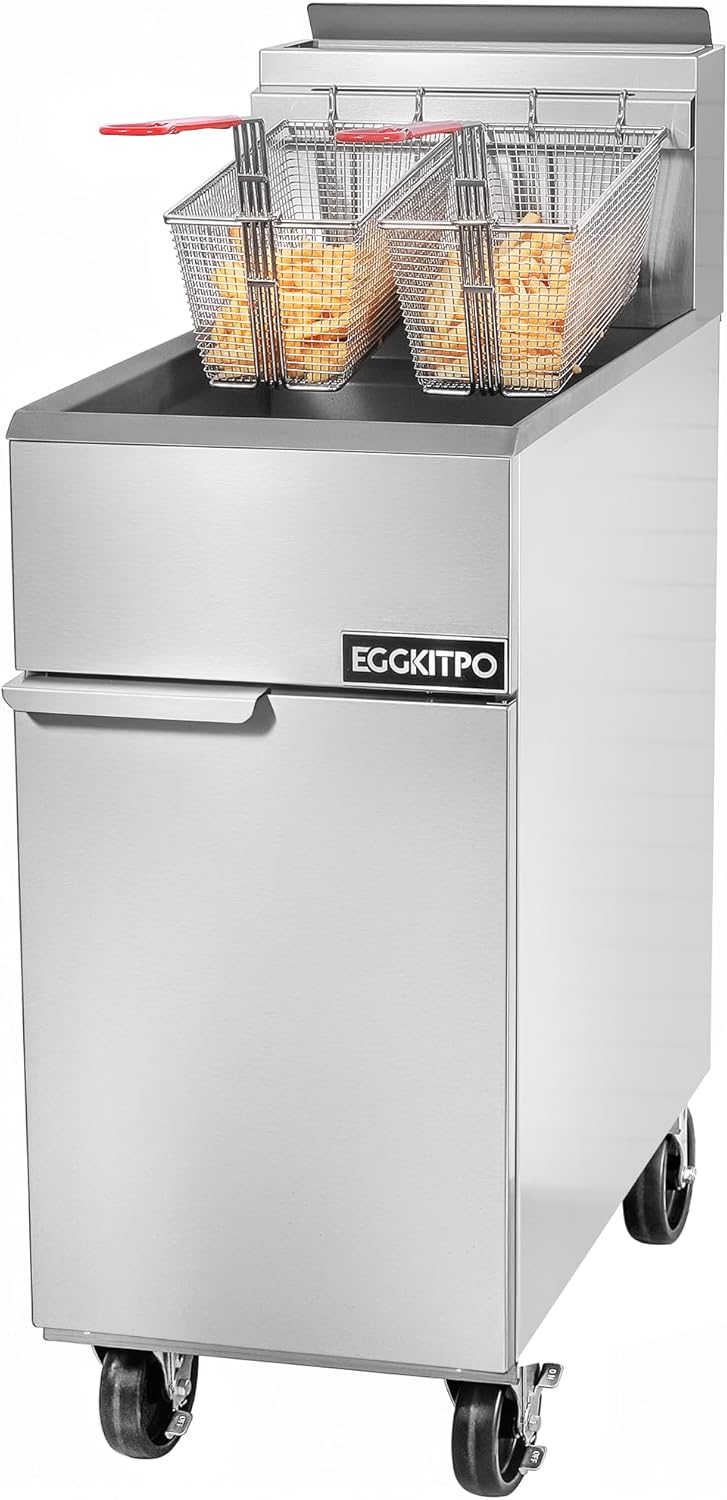 EGGKITPO Commercial Natural Gas Fryer 90,000 BTU Stainless Steel Floor Fryer with 40lbs Oil Capacity CSA Certified Deep Fryer with 2 Baskets and 3 Heating Tubes for Restaurants Food Truck Use