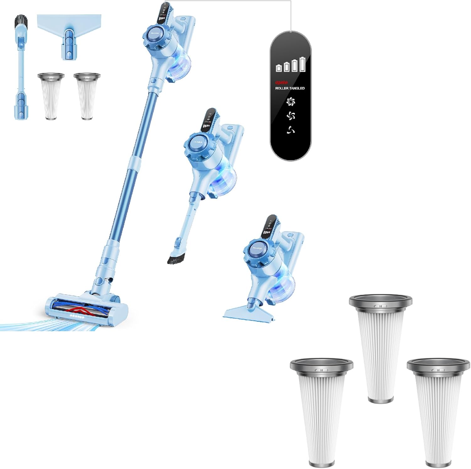 Trucozie Cordless Vacuum Cleaner, 8-in-1 Lightweight Stick Vacuum with 45mins Runtime Blue with HEPA 3 Packs