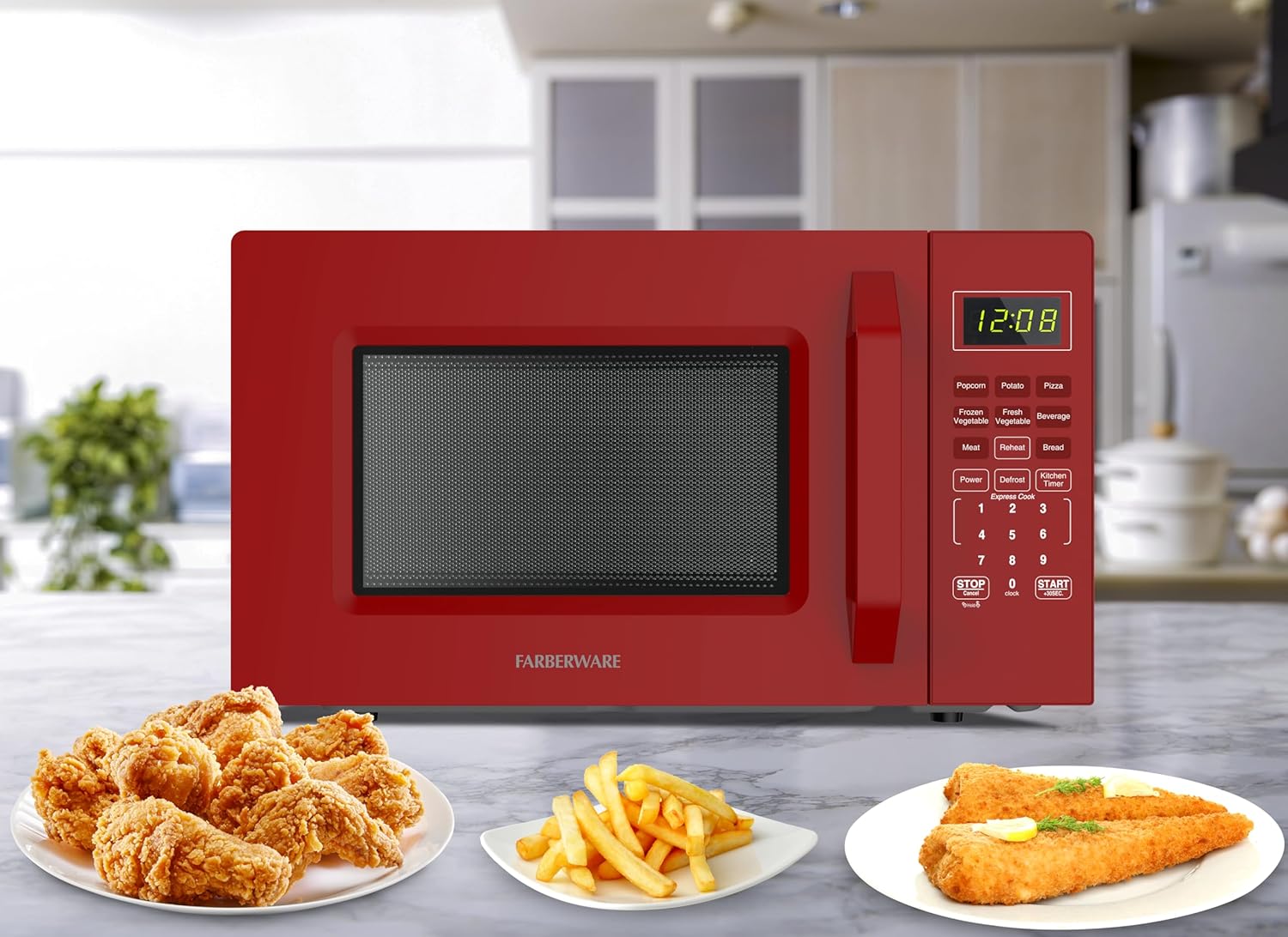 Farberware FMO11WEIRD 1.1 Cu. Ft. 1000-Watt Compact Microwave Oven, Red – Stylish Countertop Microwave with Child-Lock, Reheat Function, Express Cook, and Kitchen Timer