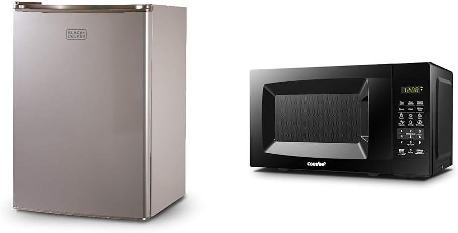 BLACK+DECKER BCRK25V Compact Refrigerator Energy Star Single Door Mini Fridge with Freezer & COMFEE' EM720CPL-PMB Countertop Microwave Oven with Sound On/Off