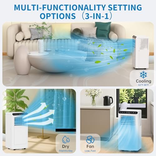 8,000 BTUs Portable Air Conditioner, 3-In-1 Portable Ac Unit with Fan & Dehumidifier, Room Air Conditioner Cools Up to 450 Sq.Ft, Standing AC Unit with Remote Control & 24H Timer, for Home, Office