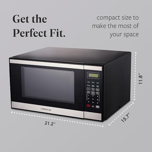 Farberware 1.1 Cu. Ft. Countertop Microwave Oven – 1000 Watts Power, Auto Cook Settings, Defrost, Easy Clean and Child Safety Lock - Stainless and Black