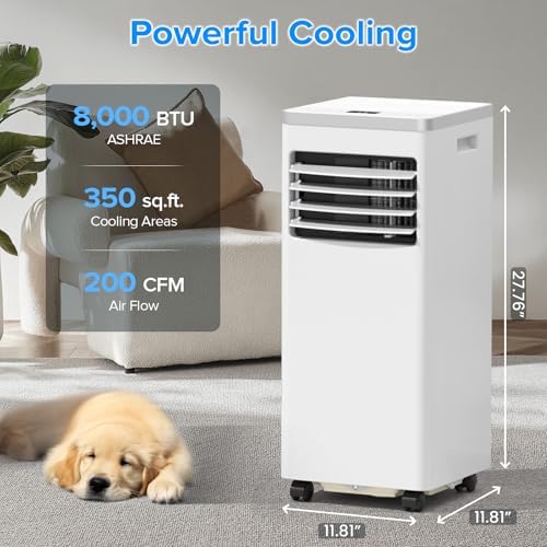 ZAFRO Portable Air Conditioner 8000 BTU (ASHRAE) Cools up to 350 Sq. Ft., Remote Control, LED Display, 4-in-1 Modes Portable AC Unit with Window Kits for Bedroom, Home, Dorm, Office, White
