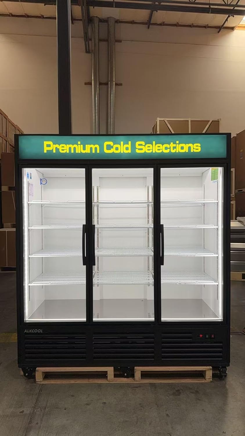 71” Wide Commercial Beverage Refrigerator Display Fridge, Stainless Steel Merchandiser Three Glass Door Drink Cooler With LED Light Adjustable Shelves,ETL Sanitation,65 Cu Ft,BALCK (Wheels Included)