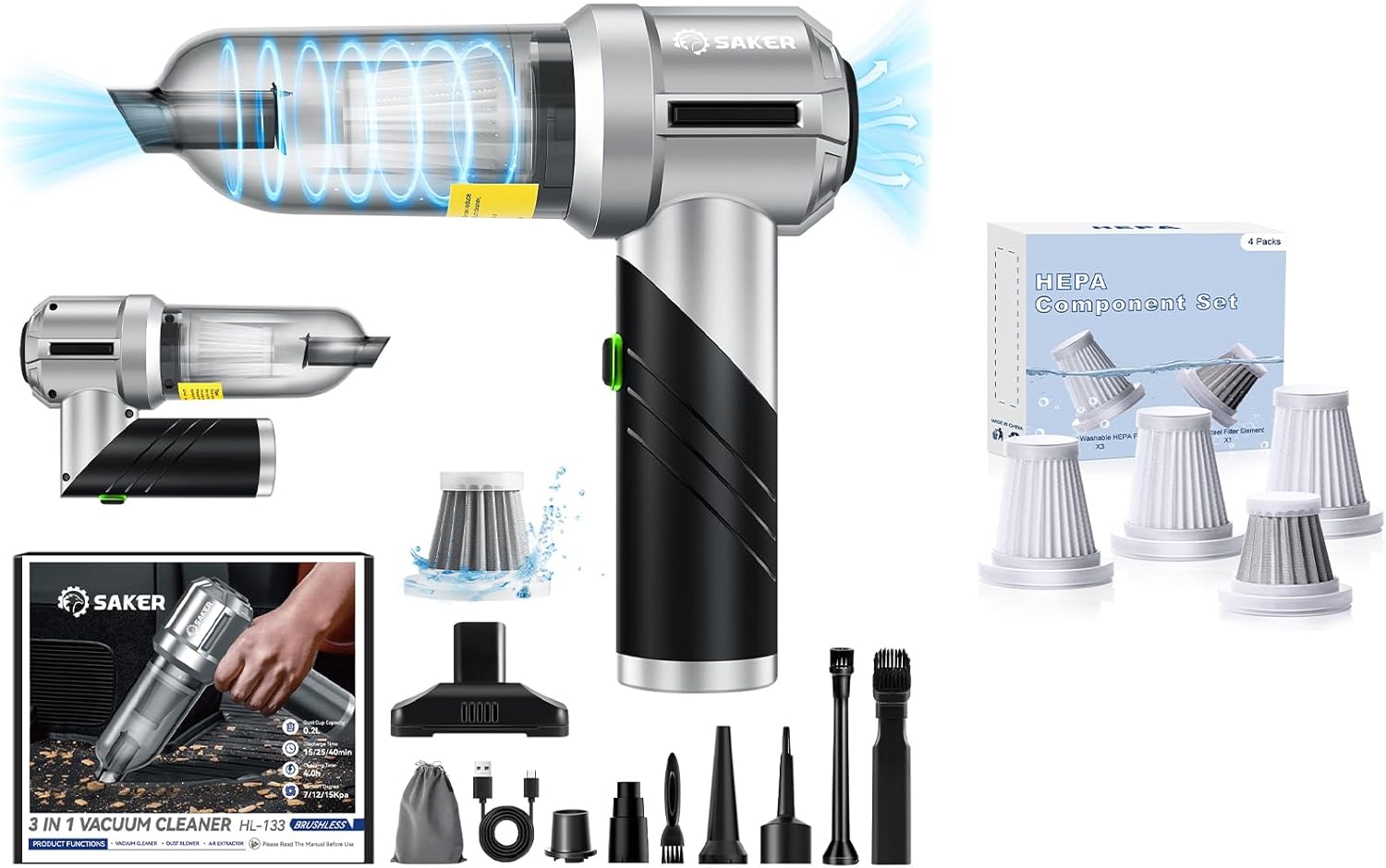 Saker Foldable Vacuum Cleaner Portable Cordless17000PA HL133 with 3 HEPA Filter and 1 Steel Filter