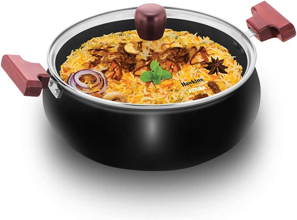 Hawkins Futura 5 Litre Cook n Serve Handi, Hard Anodised Biryani Handi with Glass Lid, Saucepan, Sauce Pan, Black (ACH50G) Polished