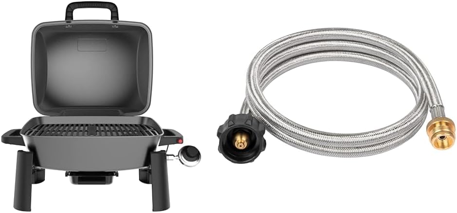 Nexgrill 10,000BTU 1-Burner Portable Propane Gas Grill Bundle with SHINESTAR Propane Adapter & Hose for Coleman Stoves, Blackstone Griddles, Weber Grills