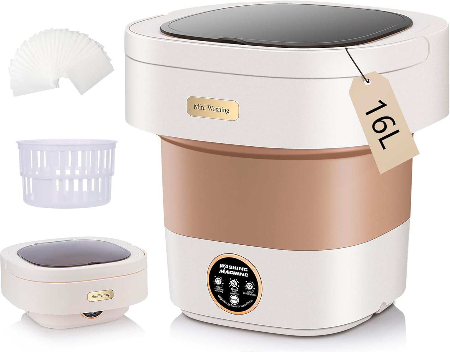 16L Portable Washing Machine with 30 Laundry Tablets, Mini Foldable Washer for Underwear Baby Clothes Socks, 3 Washing Modes, Portable Washer Ideal for Dorms, Apartments, RVs & Camping