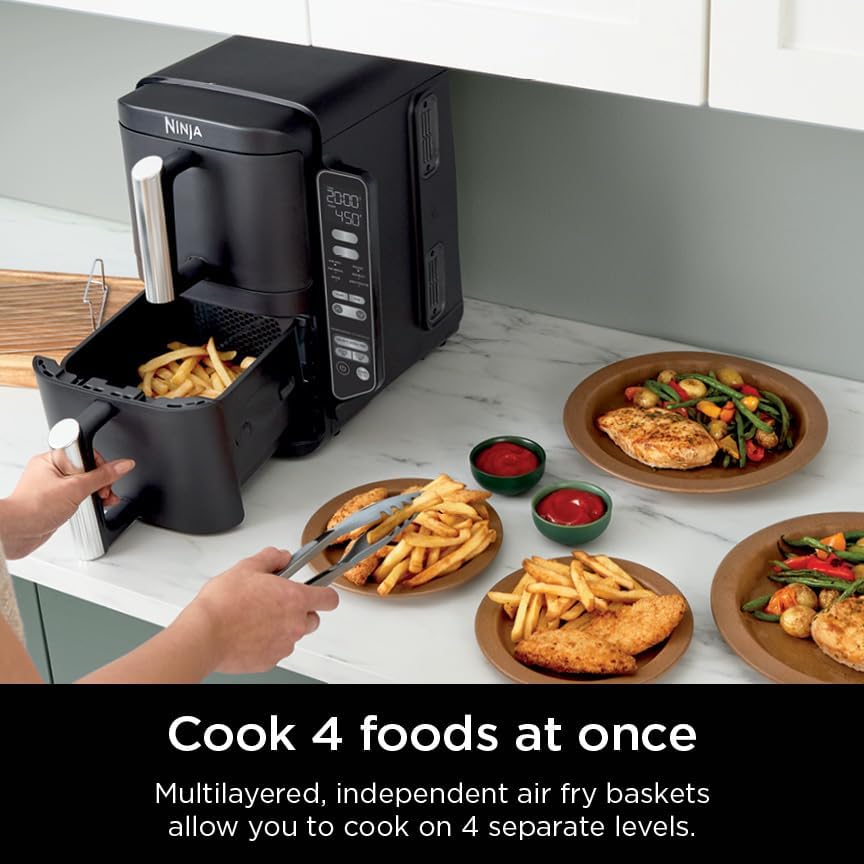 Ninja DoubleStack 2-Basket Air Fryer, DoubleStack Technology Cooks 4 Foods at Once, 8 QT, 6-in-1, Smart Finish & Match Cook, Air Fry, Broil, Bake, Easy Meals & Clean, Black, SL201 (Renewed)
