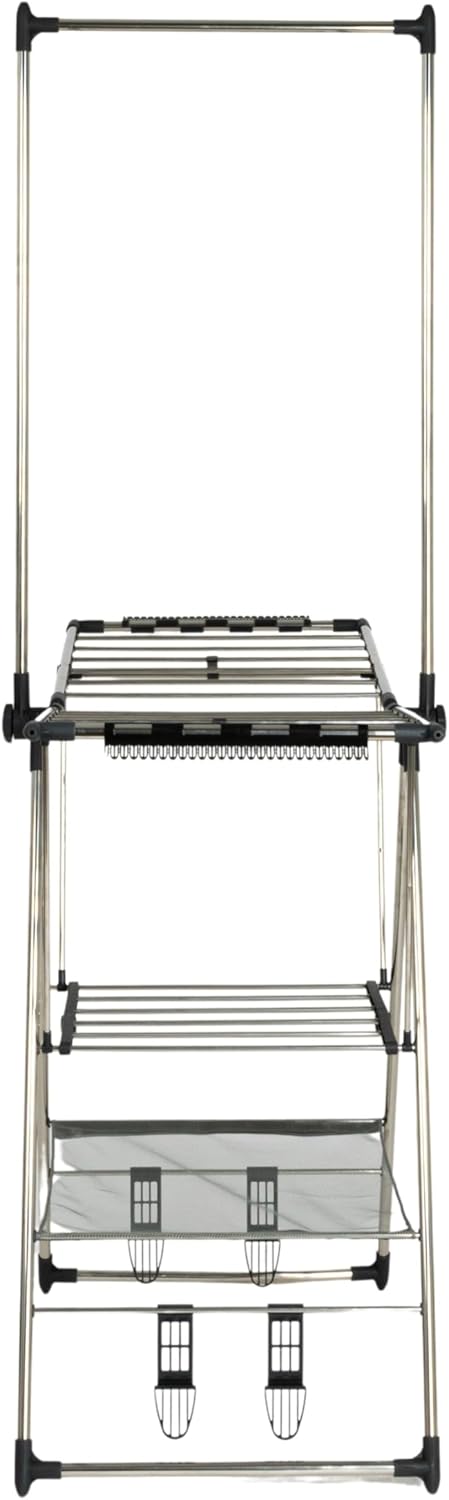 Household Essentials Multi Tier Stainless Steel Laundry Drying Rack with T Bar and Two Side Wings, Silver