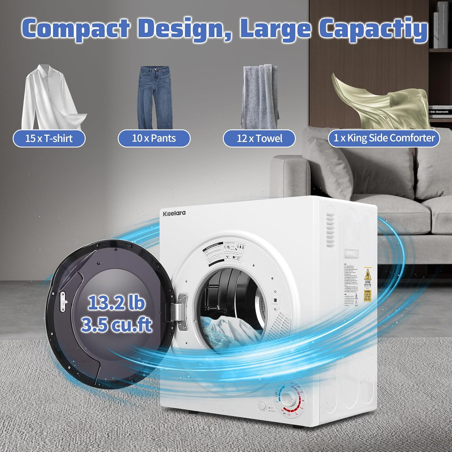Portable Dryer, 3.5 Cu.ft Portable Dryers for Laundry with Stianless Steel Tub, 15000W Clothes Dryer Machine for Home, Apartment, 4 Dring Mode, Auto-shutt off, White