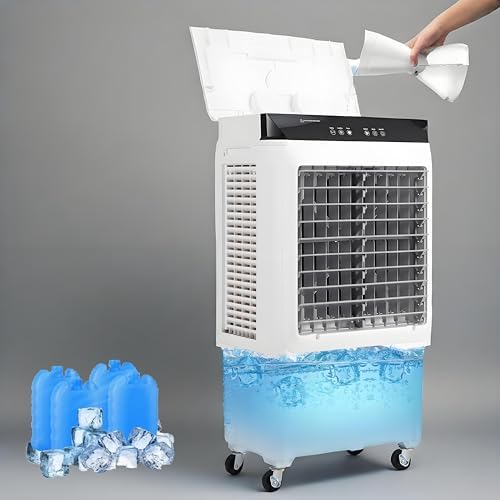 Evaporative Air Cooler, 3500CFM Portable Swamp Cooler with Remote Control & 12H Timer, 3 Cooling Modes & 3 Speeds, Includes 4 Ice Packs, 8.4 Gallon Water Tank, 4 Lockable Casters