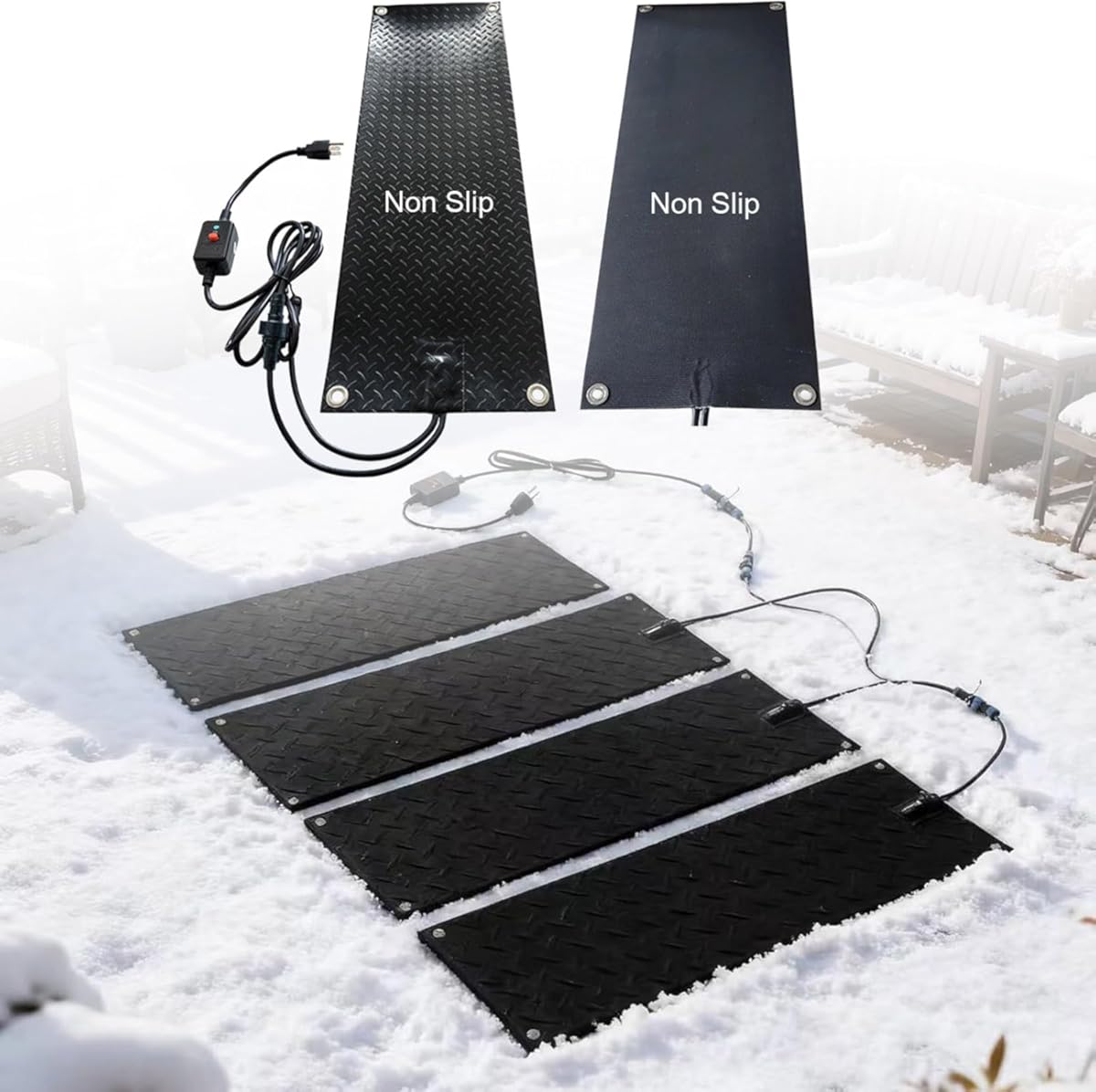 Snow Melting Mats for Stairs, 1/2/3/4/5 Pcs Heated Outdoor Mats No-Slip Rubber Snow Ice Melt Pads with Plug, 2 in/h Speed Snow Melting Walkway Mat for Sidewalk, Steps, Decks(5 Pcs,11.8x48in)