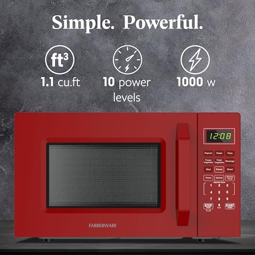 Farberware FMO11WEIRD 1.1 Cu. Ft. 1000-Watt Compact Microwave Oven, Red – Stylish Countertop Microwave with Child-Lock, Reheat Function, Express Cook, and Kitchen Timer