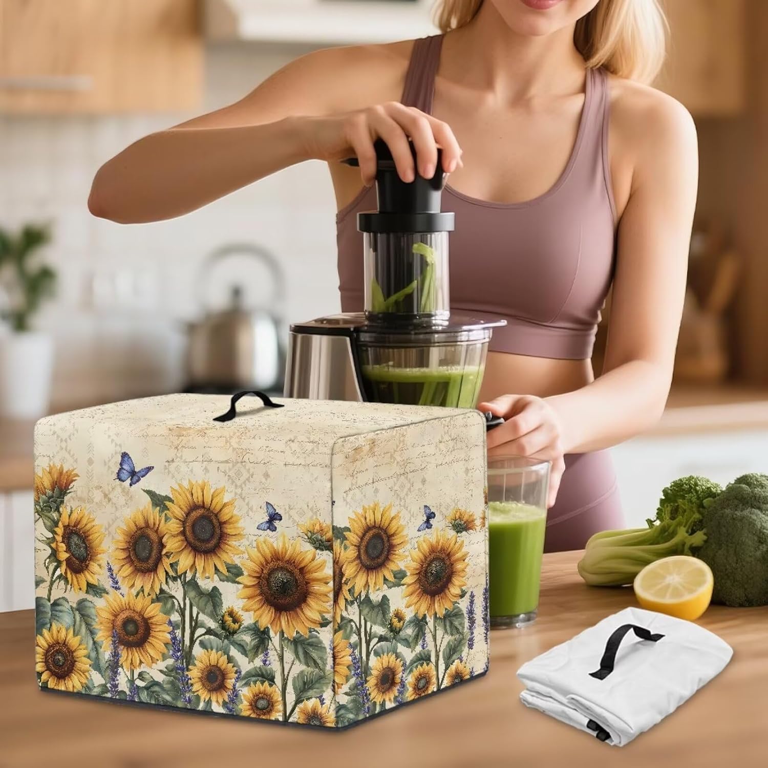 Sunflower Washable Juicer Covers with Top Handle Foldable Dustproof Reusable Home Accessory Decor Blender Dust Cover Suitable for Households