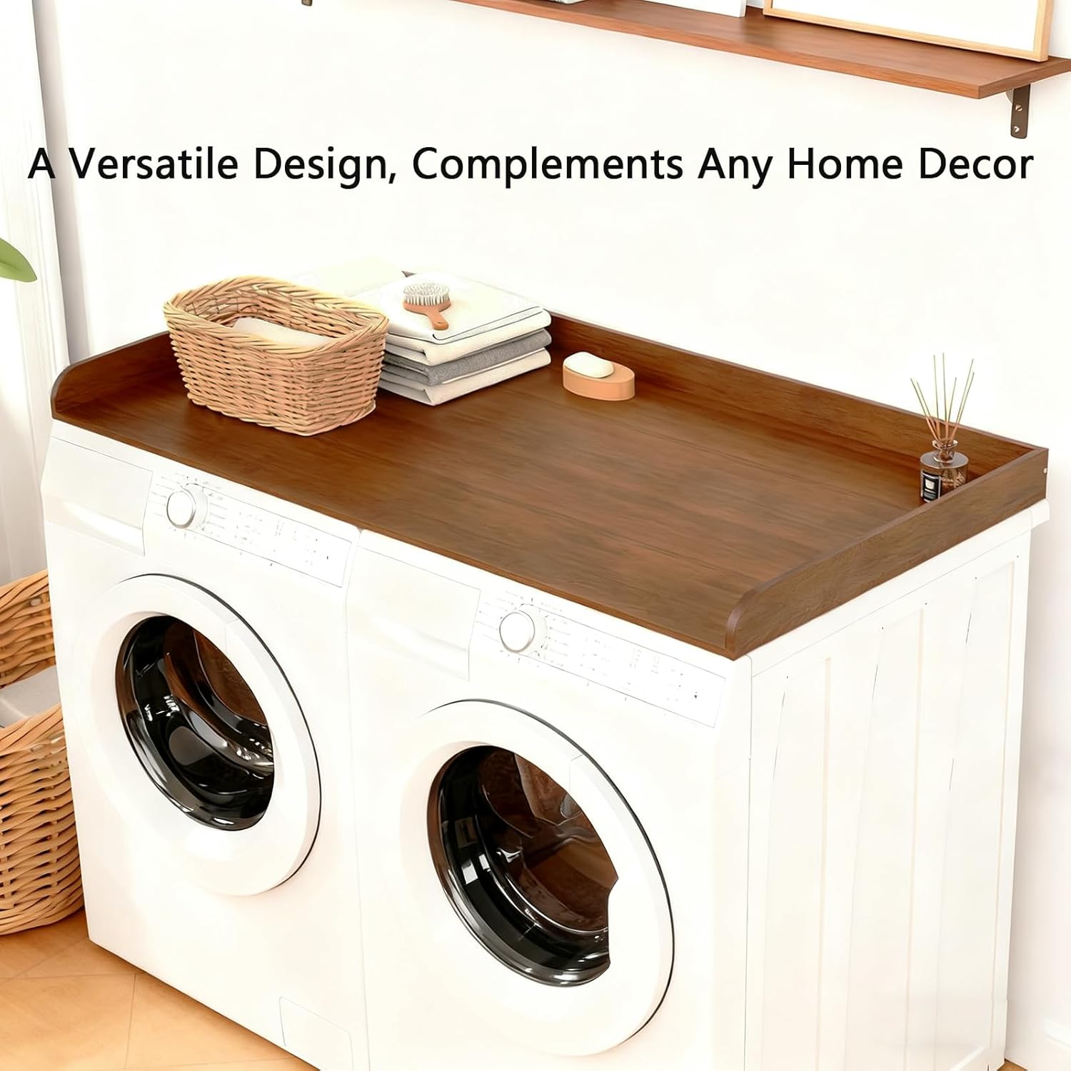 Fabuday Wood Washer Dryer Countertop for Laundry Room - 54'' W x 27.5'' D x 3.2'' H Laundry Counter Table for The Top with Edge, Storage and Organization Over Washing and Dryer, Satin Walnut Finish