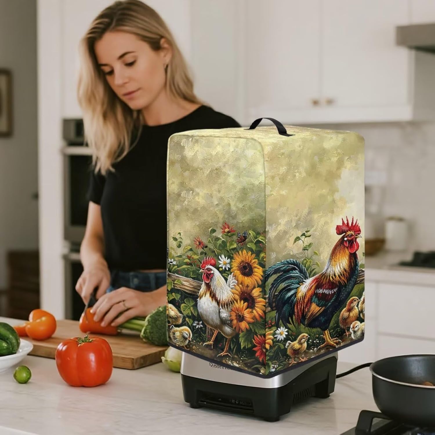 Rooster Sunflower Kitchen Mixer Protector – Blender Dust Cover with Floral Prints, Fits Most Juicers, Foldable & Machine Washable, Decorative & Functional