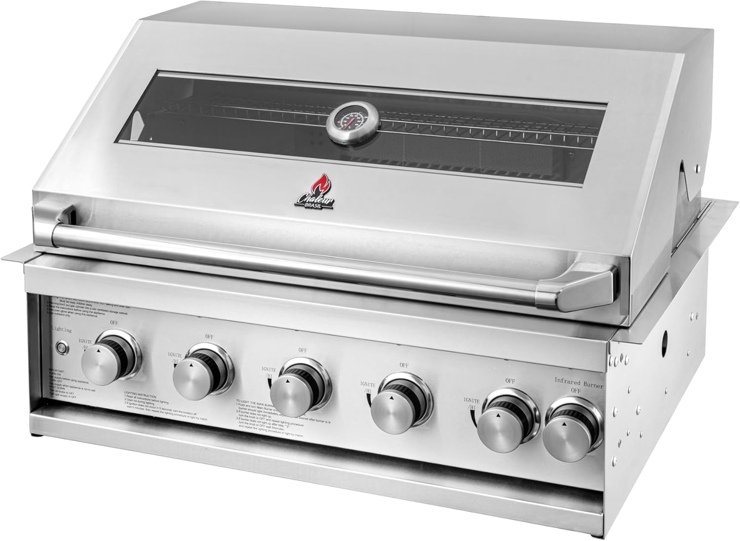 Premium Stainless Steel Built-In Gas Grill for Outdoor Kitchens - 5 Powerful Burners, Infrared BBQ Technology, Glass View, Includes Propane Burner and Grill Accessories, Ideal for Barbecue and Smoking