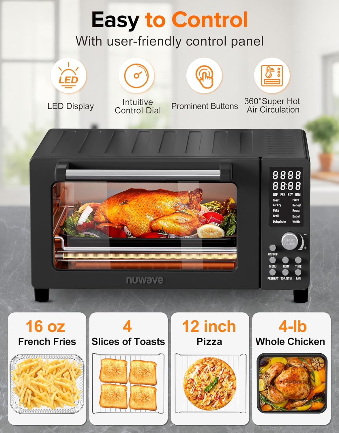 Nuwave Bravo Pro Smart Air Fryer Toaster Oven Combo, Airfryer Convection Oven Countertop, 10-in-1 Functions with Quicker & Even Crisp Technology, 1800W, 50-450°F, PFAS-Free, 21QT, Black