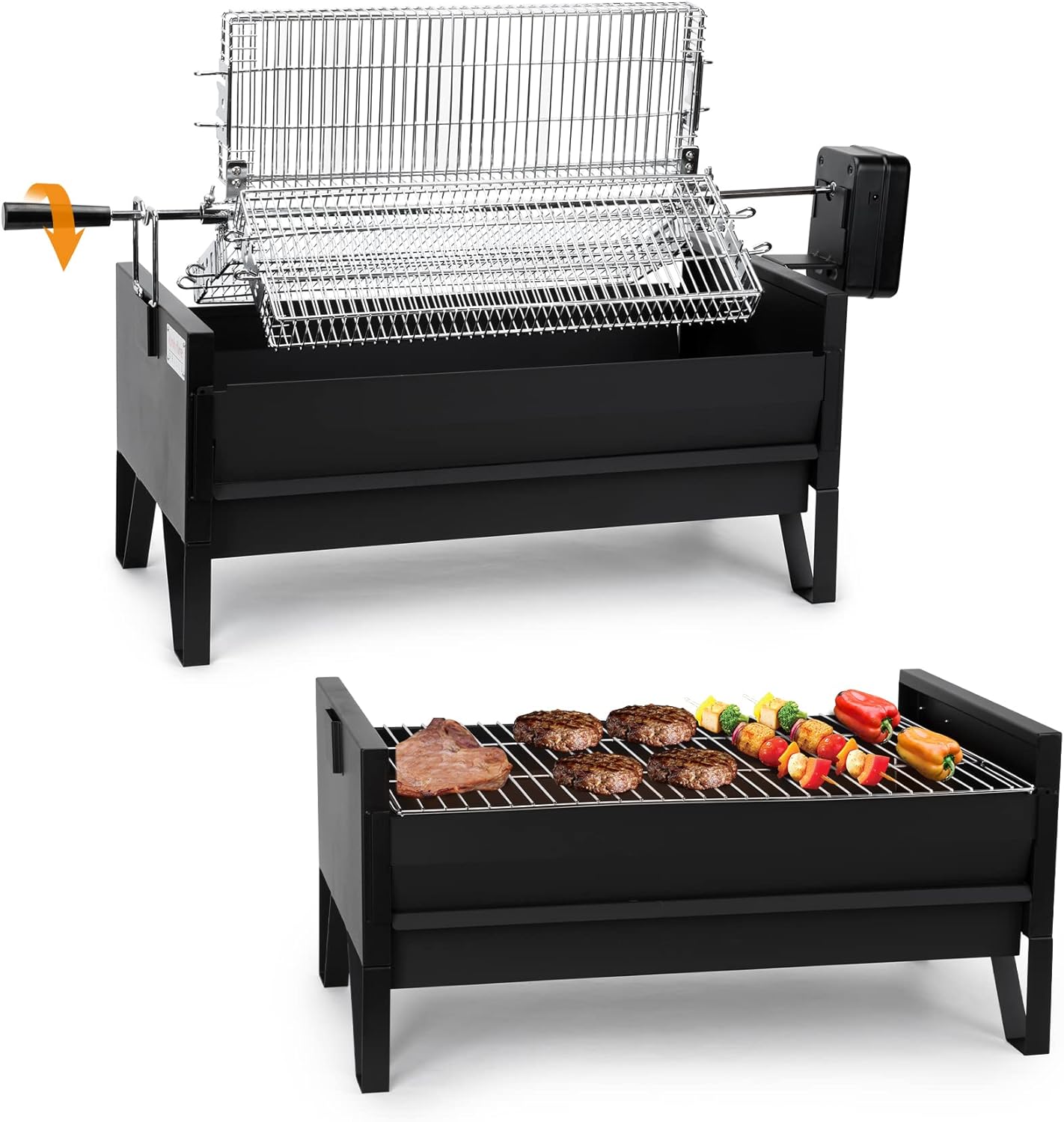 2 IN 1 Charcoal Grill Rotisserie Kit with 3 Stainless Steel Rotating Baskets and 24 In Grill Grate, Auto Swivel BBQ Roasting Machine for Outdoor Patio Backyard Barbecue, GS304