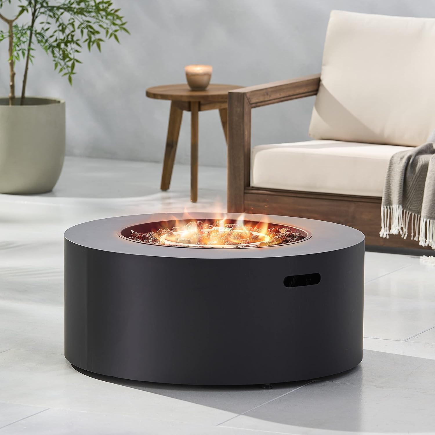 32 Inches Dark Grey Round Propane Fire Pit – 40,000 Btu Outdoor Patio Heater with Lava Rocks, No Tank Cover Included – Backyard Gatherings (1 Doors)