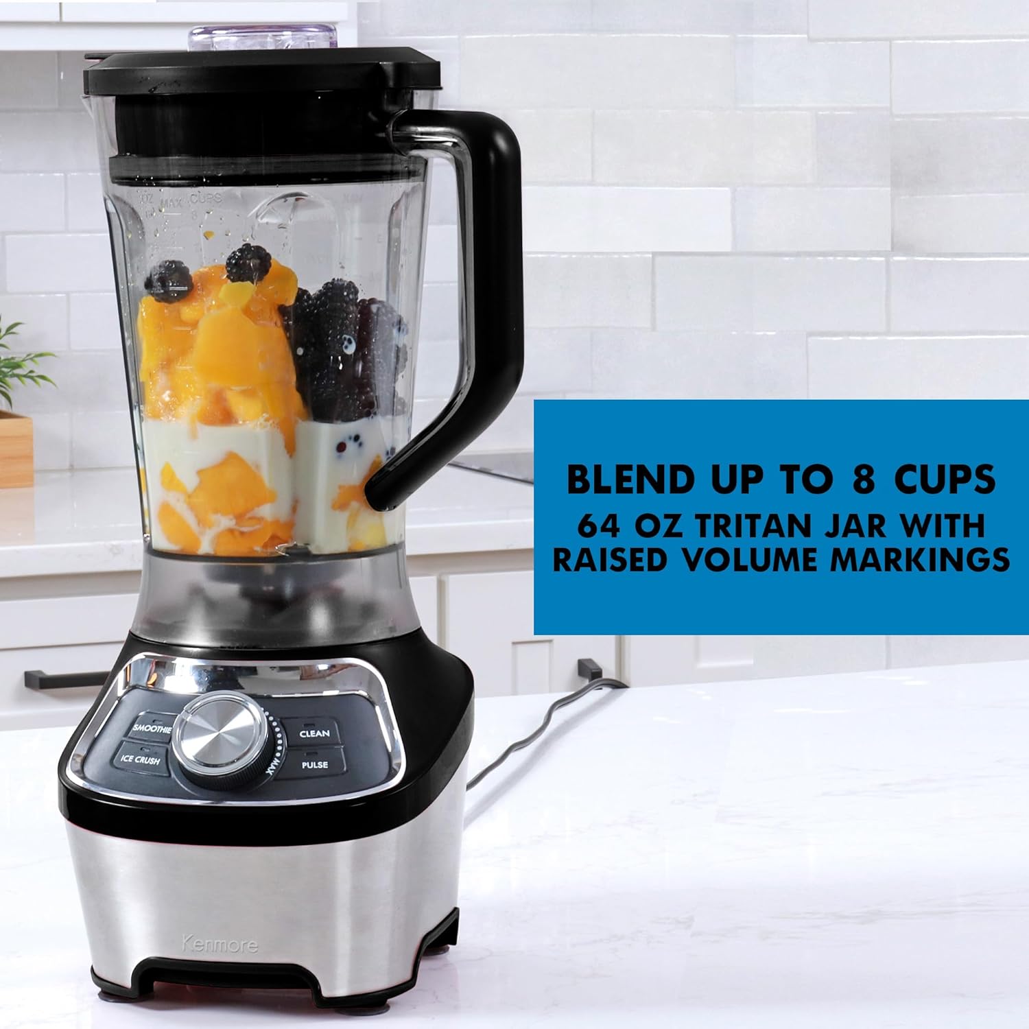 Kenmore Countertop Blender - Electric Mixer, Frozen Smoothie, Shakes, Milkshake, Puree Maker, Licuadora Grinder Kitchen Appliance With Ice Crush & Pulse Function, Dishwasher Safe Plastic jar, Black