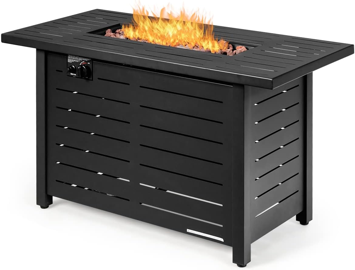 ReunionG 42in Propane Fire Pit Table, 60, 000 BTU Outdoor Rectangular Steel Propane Gas w/ Waterproof Cover, Auto Ignition, Lava Rock, Burner Lid, CSA Approved Fire Pit Table, cappuccino