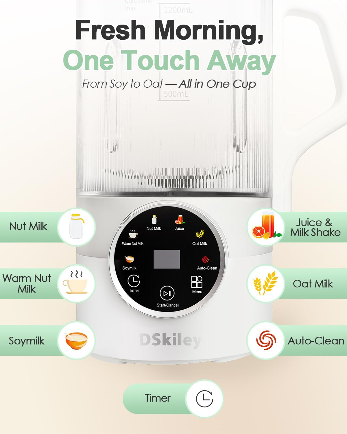 40oz Nut Milk Maker Machine, Automatic Plant Milk Maker with 10 Blades, No Soaking Needed, Smooth Almond Oat Soy Milk & Juice, 12H Delay Start, Auto-Clean, Safety Lock