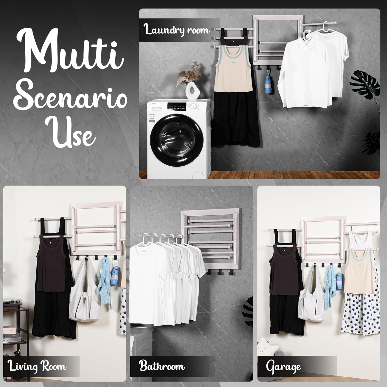 Wall Mounted Drying Rack - Clothes Drying Rack Wall Mounted for Laundry - 20 INCH - with 5 Hooks and 8 arms - 80 lbs Capacity - White Bamboo