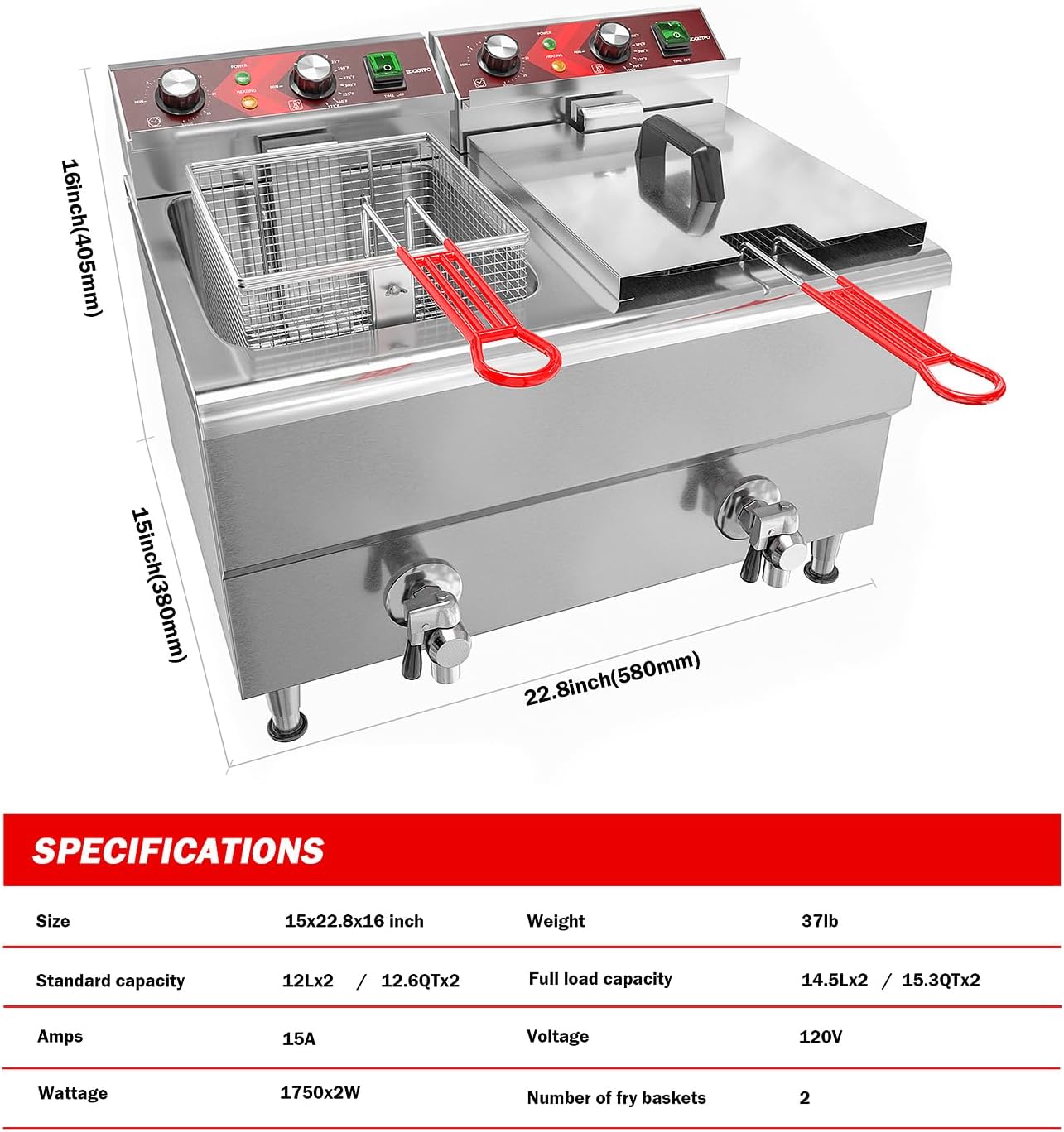EGGKITPO Commercial Fryer Stainless Steel Electric Deep Fryer with Oil Filtration and Timer 24L Large Capacity Dual Tank Fryer with Baskets and Lids Countertop Deep Fryer for Restaurant Use 120V 3500W