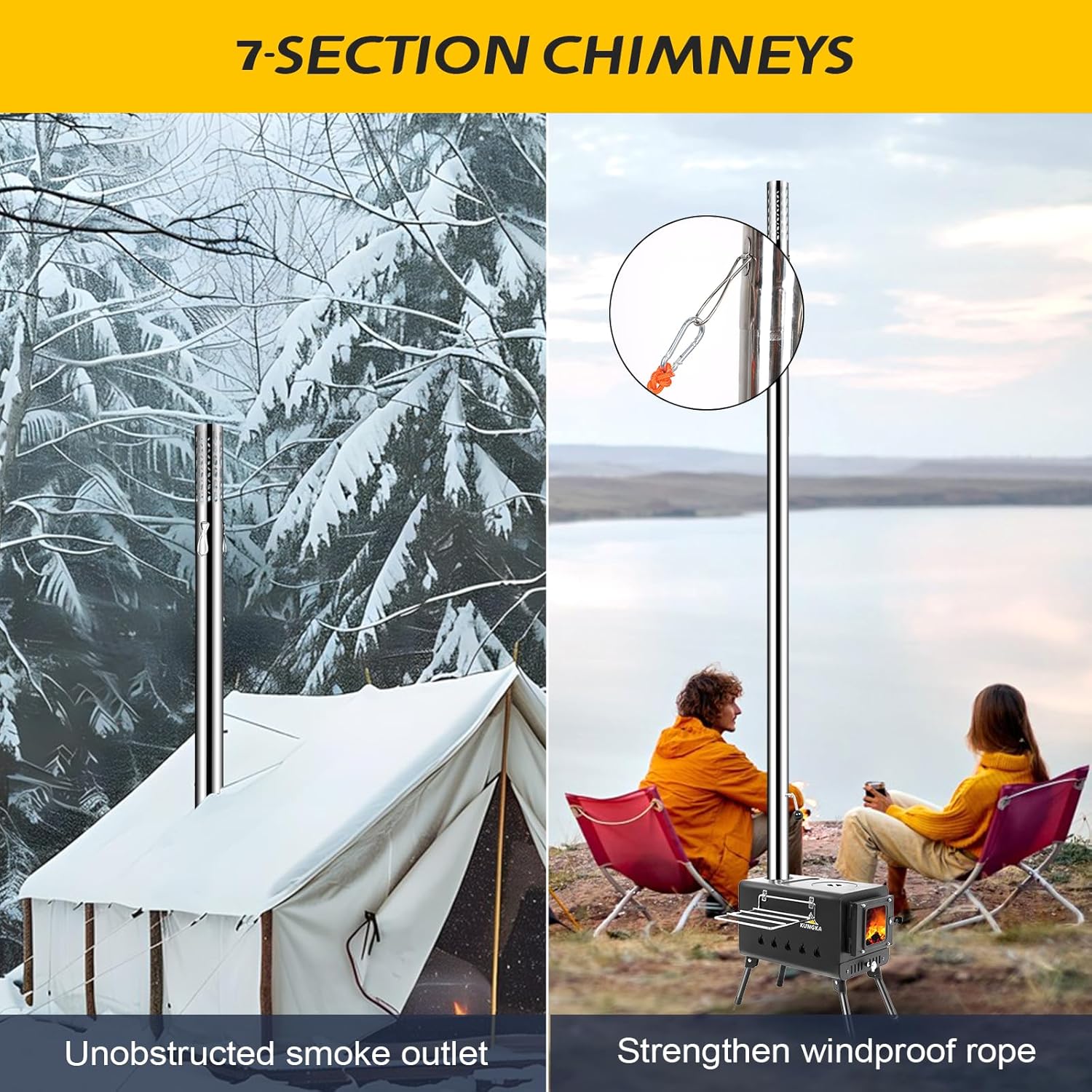 Black Wood Burning Tent Stove, 7 Section Stainless Steel Chimney, Portable Hot Tent Stove for Camping, Hunting, Ice Fishing