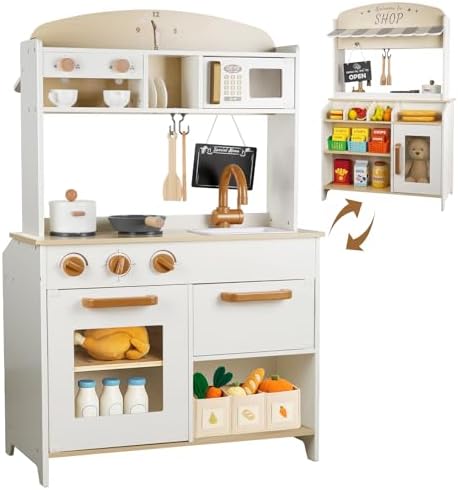 Dual-Sided Play Kitchen for Kids Toddlers, 2-in-1 Grocery Store&Wooden Toy Kitchen Set with Coffee Machine,Pretend Kitchen Play Set with Microwave, Oven, Gift for Boys Girls