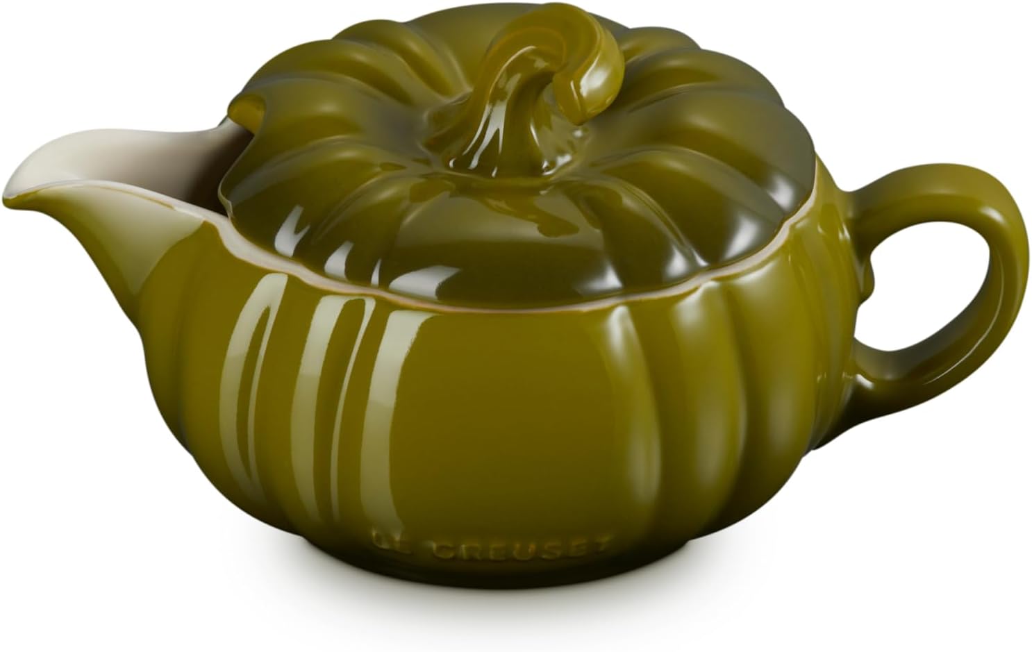 Le Creuset Stoneware Pumpkin Gravy Boat with Lid, 14 oz., Olive