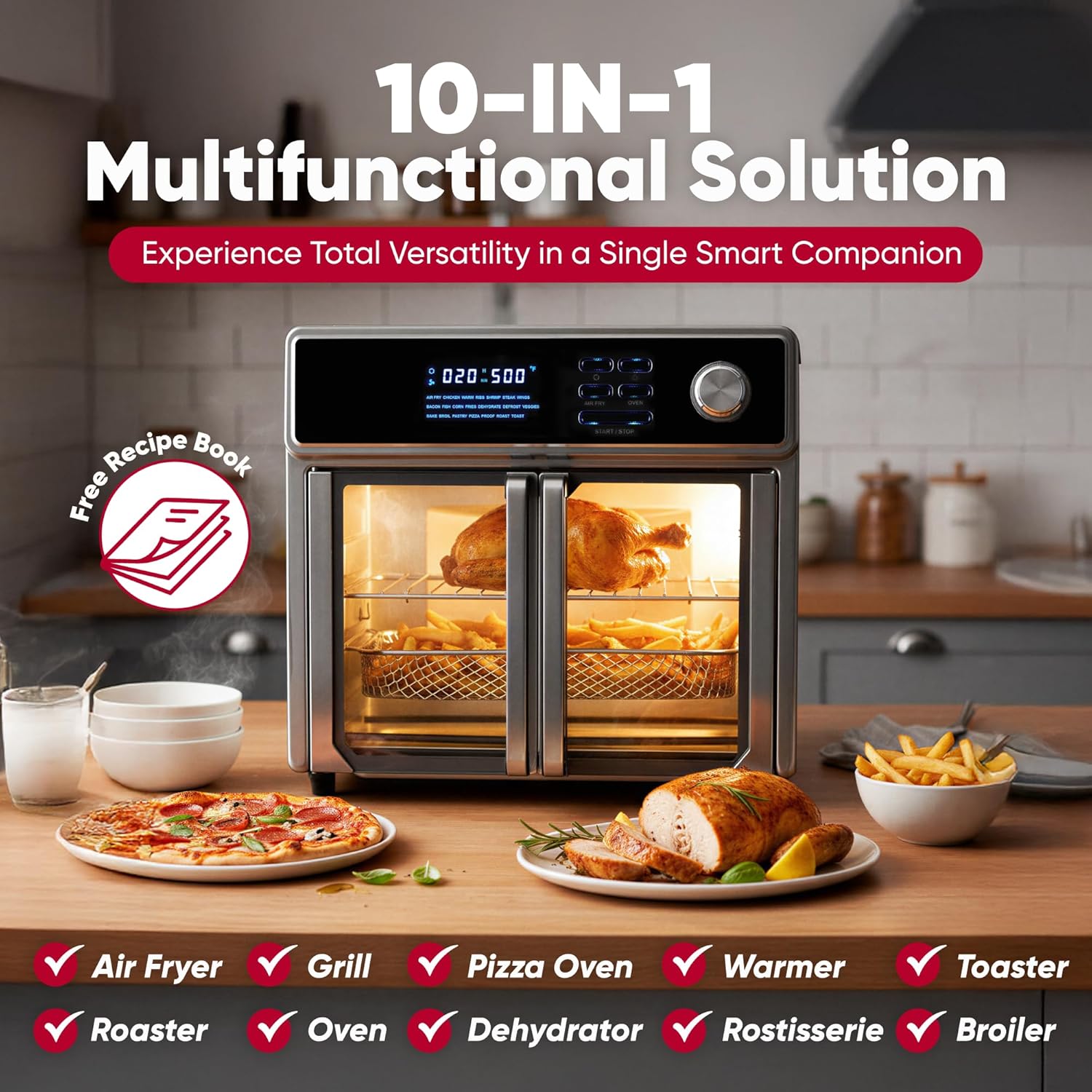 Large Air Fryer Oven 26-Quart |10-in-1 Countertop Stainless Steel Toaster Oven Combo | Non Toxic Family Size Air Fryer - Frying, Baking, Toasting, Dehydrating, Rotisserie | 1700W 360° Heating