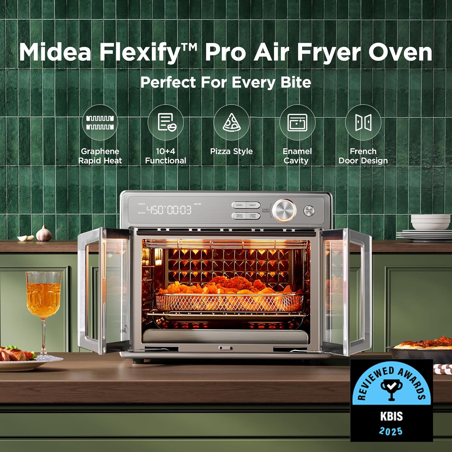 Midea Flexify Pro 10+4 Toaster Oven Air Fryer Combo, Graphene Juicy-Lock Cooking, French Door Countertop Oven, 450°F Flash Air Fry, 26.4 QT Stainless Steel